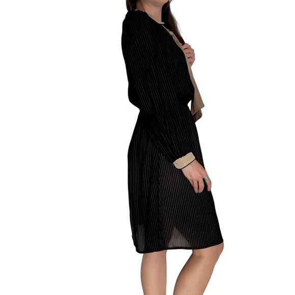 Vintage Luci Fellini 1980s Black Pin Stripe Dress Polka Dot Neck Tie Collar - Picture 3 of 13